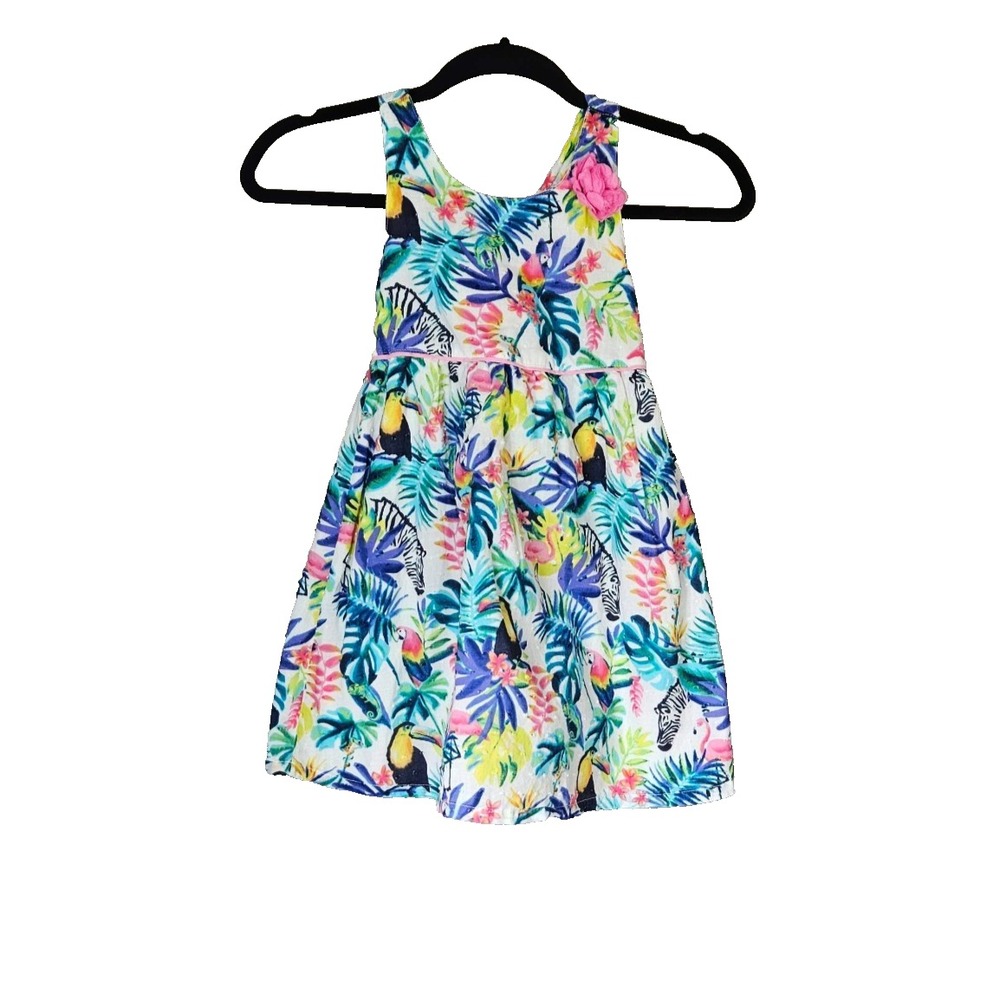Penelope Mack Girls 6 Sleeveless Dress Tropical Toucan Zebra Cotton Dobby EUC